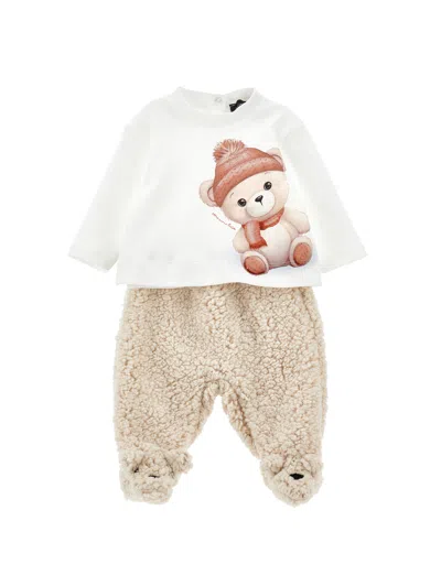 Monnalisa Kids'   Two-piece Set With Teddy Bear In Cream + Cream