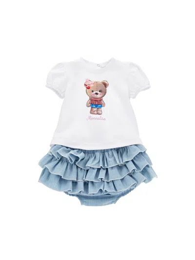 Monnalisa Kids'   Two-piece Set With Teddy Bear In White + Indigo