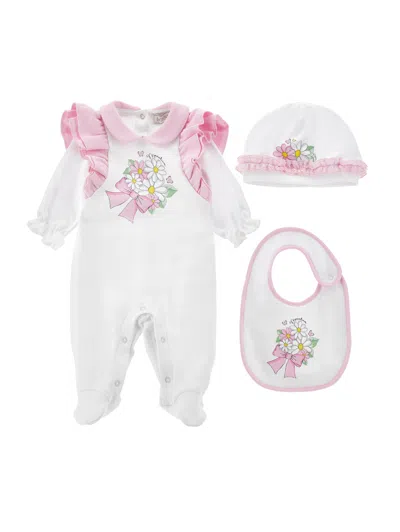 Monnalisa Babies'   Two-tone 3-piece Set With Bouquet In White + Rosa Fairytale