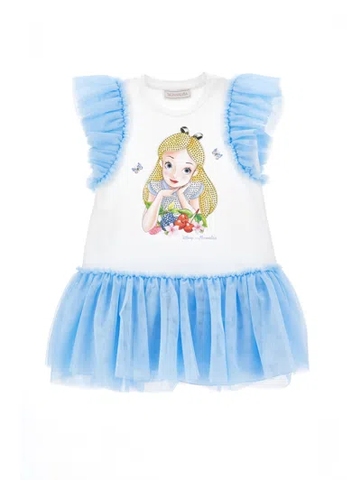 Monnalisa Kids'   Two-tone Alice Print Dress In White + Cloud