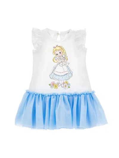 Monnalisa Kids'   Two-tone Alice Print Dress In White + Cloud