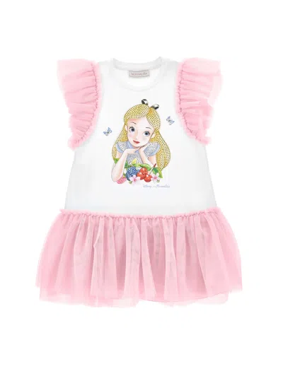 Monnalisa Kids'   Two-tone Alice Print Dress In White + Rosa Fairytale