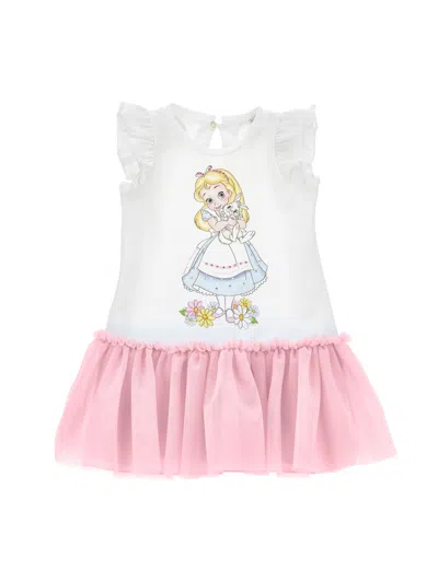 Monnalisa Kids'   Two-tone Alice Print Dress In White + Rosa Fairytale