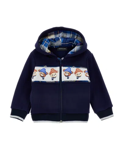 Monnalisa Kids'   Two-tone Hoodie With Teddy Bears In Blue + Cream
