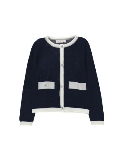 Monnalisa Kids'   Two-tone Merino Wool Cardigan In Dark Blue