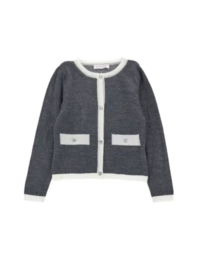 Monnalisa Kids'   Two-tone Merino Wool Cardigan In Medium Grey