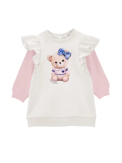 Monnalisa Kids'   Two-tone Sweatshirt Dress With Trim In Cream + Pink