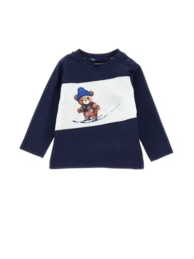 Monnalisa Kids'   Two-tone T-shirt With Teddy Bear In Blue + Cream