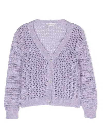 Monnalisa Kids' V-neck Crochet Knit Cardigan In Purple