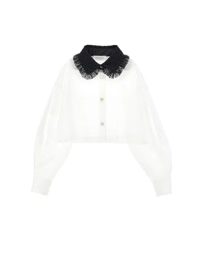 Monnalisa Kids'   Velvet Collar Cropped Shirt In Cream + Black