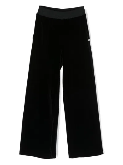 Monnalisa Kids' Velvet-effect Wide-leg Trousers In Black