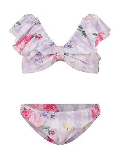 Monnalisa Vichy Gingham Bikini Swimsuit In Glicine