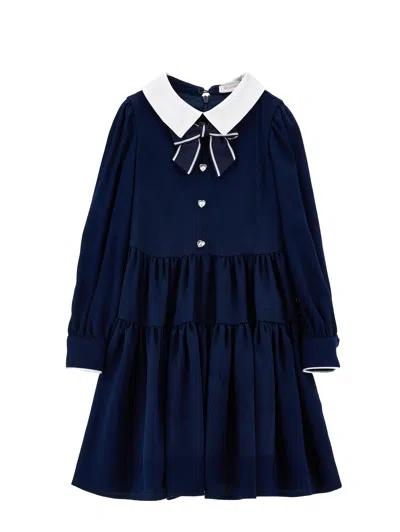 Monnalisa Kids'   Viscose Dress With Bow In Dark Blue