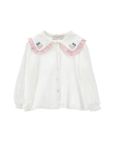 Monnalisa Kids'   Viscose Shirt With Embroidered Collar In Cream + Pink