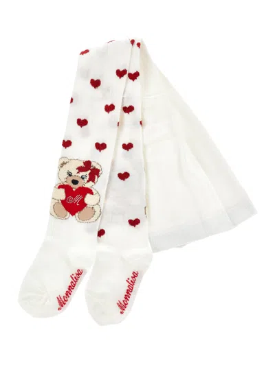 Monnalisa Kids'   Warm Cotton Jacquard Tights In Cream + Ruby Red