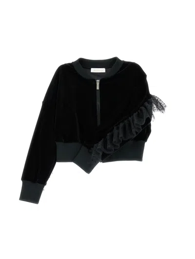 Monnalisa Kids'   Warp-knit Chenille Sweatshirt In Black