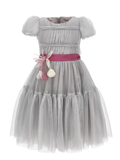 Monnalisa Kids'   Whimsical Glitter Tulle Dress In Pearl Grey  + Silver
