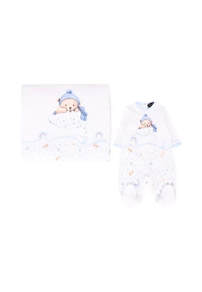 Monnalisa White Babygrow Setfor Baby Boy With Bear