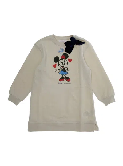 Monnalisa Kids' White Crewneck With Bow Detail On The Front And Print On The Front In Cotton Blend Girl In Neutral