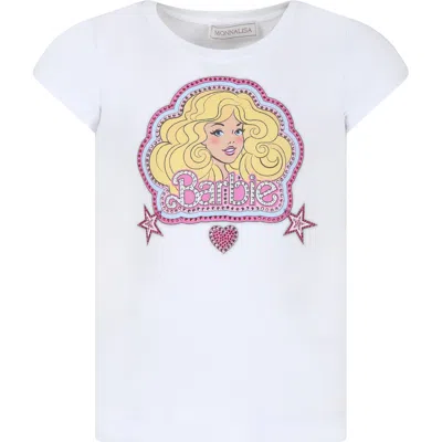 MONNALISA WHITE CROP T-SHIRT FOR GIRL WITH BARBIE PRINT AND RHINESTONE