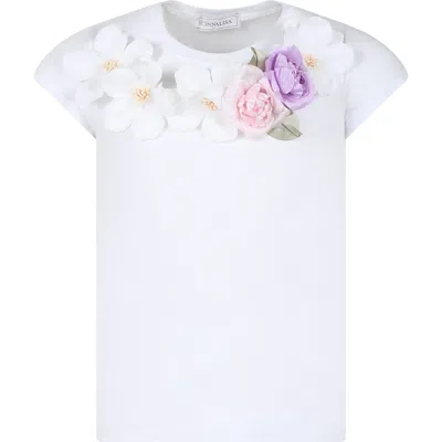 Monnalisa Kids' White Crop T-shirt For Girl With Flowers