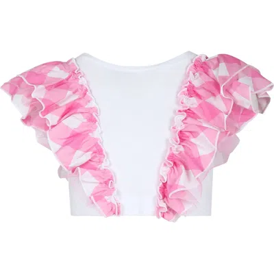 Monnalisa Kids' White Crop T-shirt For Girl With Vichy Print And Tulle