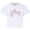 MONNALISA WHITE CROP T-SHIRT FOR GIRL WITH WRITING AND RHINESTONE
