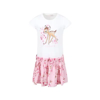 Monnalisa Kids' White Dress For Baby Girl With Bambi In Multicolor