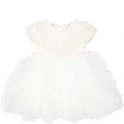 Monnalisa White Dress For Baby Girl With Sequins