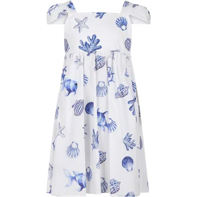 Monnalisa Kids' White Dress For Girl With Marine Themed Print