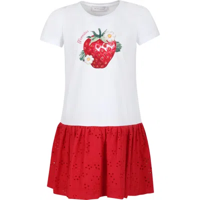 Monnalisa Kids' White Dress For Girl With Strawberry Print
