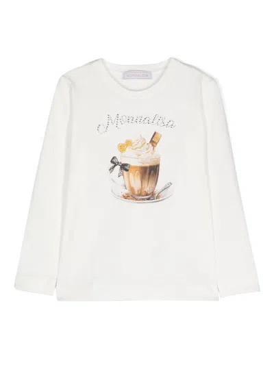 Monnalisa Kids' Chocolate Cup Graphic-print T-shirt In Cream