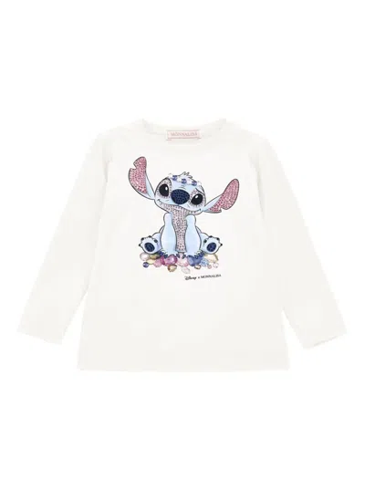 Monnalisa Kids' White Long-sleeved T-shirt With Front Print In Cotton Baby