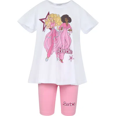Monnalisa Kids' White Suit For Girl With Barbie Print And Rhinestone In Bianco-rosa