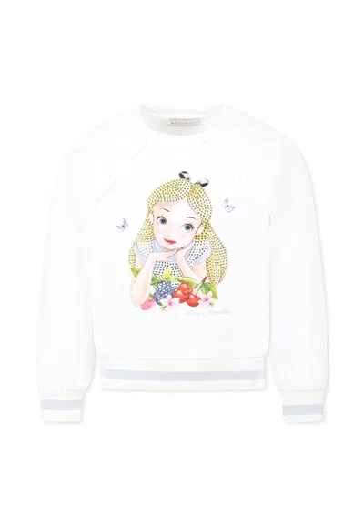 Monnalisa Kids' White Sweatshirt For Girl With Alice In Wonderland