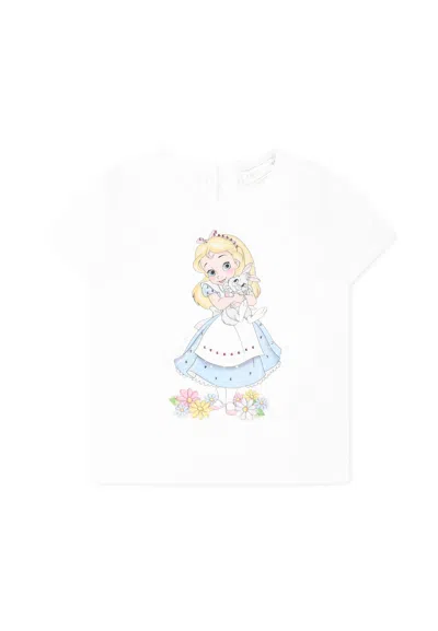 Monnalisa White T-shirt For Baby Girl With Alice In Wonderland In Weiss