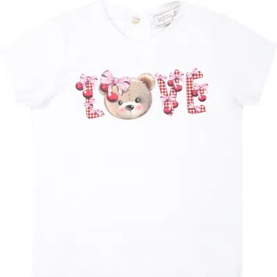 Monnalisa White T-shirt For Baby Girl With Bear Print And Writing