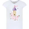MONNALISA WHITE T-SHIRT FOR GIRL WITH CASTLE PRINT AND LOGO