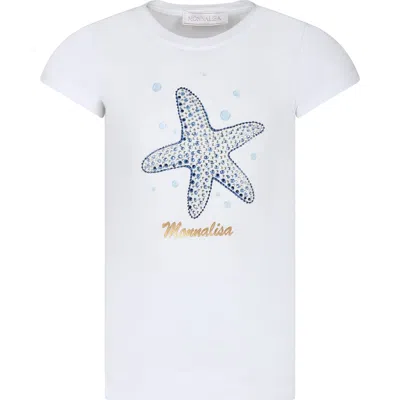 Monnalisa Kids' White T-shirt For Girl With Starfish And Logo