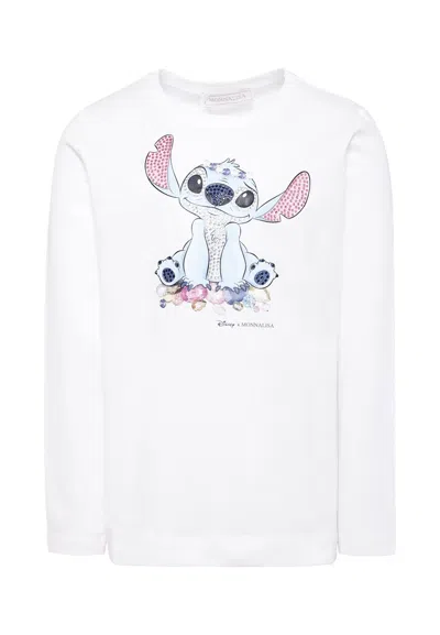 Monnalisa Kids' White T-shirt For Girl With Stitch Print In Gold