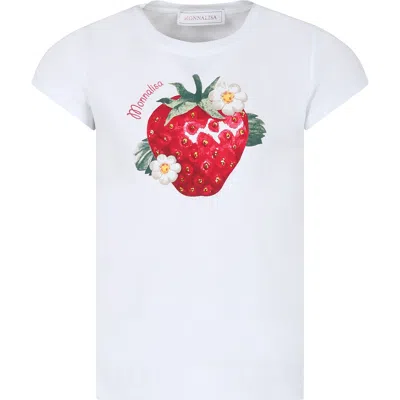 Monnalisa Kids' White T-shirt For Girl With Strawberry Print