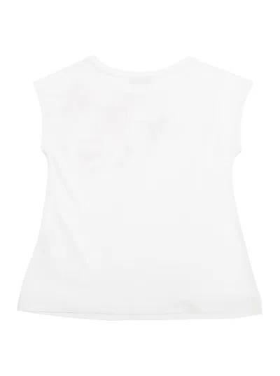 Monnalisa Kids' White T-shirt With Round Neck And Floral Print On The Front In Cotton Stretch Girl