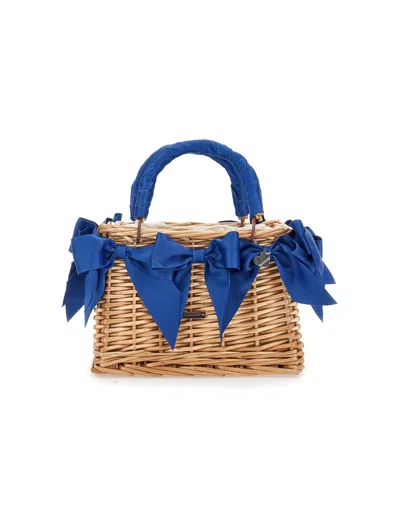 Monnalisa Kids'   Wicker Bag With Satin Bows In Navy Blue
