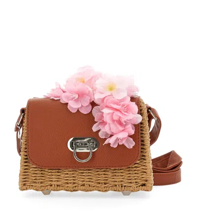 Monnalisa Kids' Wicker Floral-detail Cross-body Bag In Beige