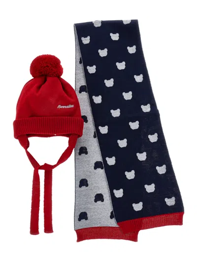 Monnalisa Babies'   Wool Blend Accessories Set In Red + Grey