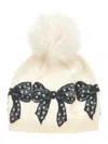 Monnalisa Wool Blend Hat With Bows In Ecru
