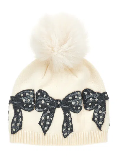 Monnalisa Kids'   Wool Blend Hat With Bows In Ecru