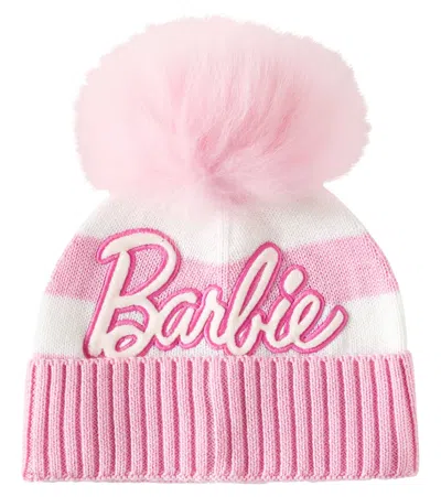 Monnalisa Kids' X Barbie® Pompom Embroidered Striped Beanie In Pink