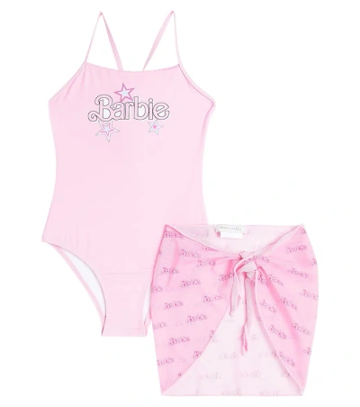 Monnalisa Kids' X Barbie Swimsuit And Beach Cover-up Set In Pink