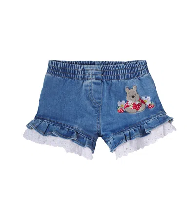 Monnalisa Kids' X Disney Baby Embroidered Denim Shorts In Blue